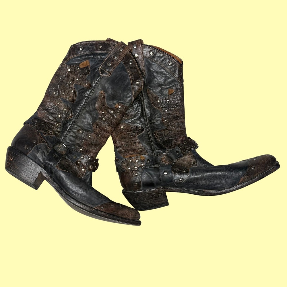 Bed Stu Cobbler Series Mens Black Brown Distressed Studded Harness Boots US 10